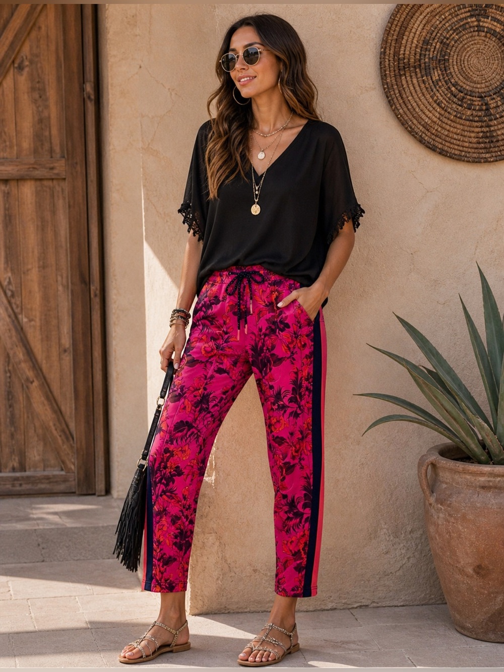 Pam & Gela Pink Floral Track-Stripe Crop Pants size M